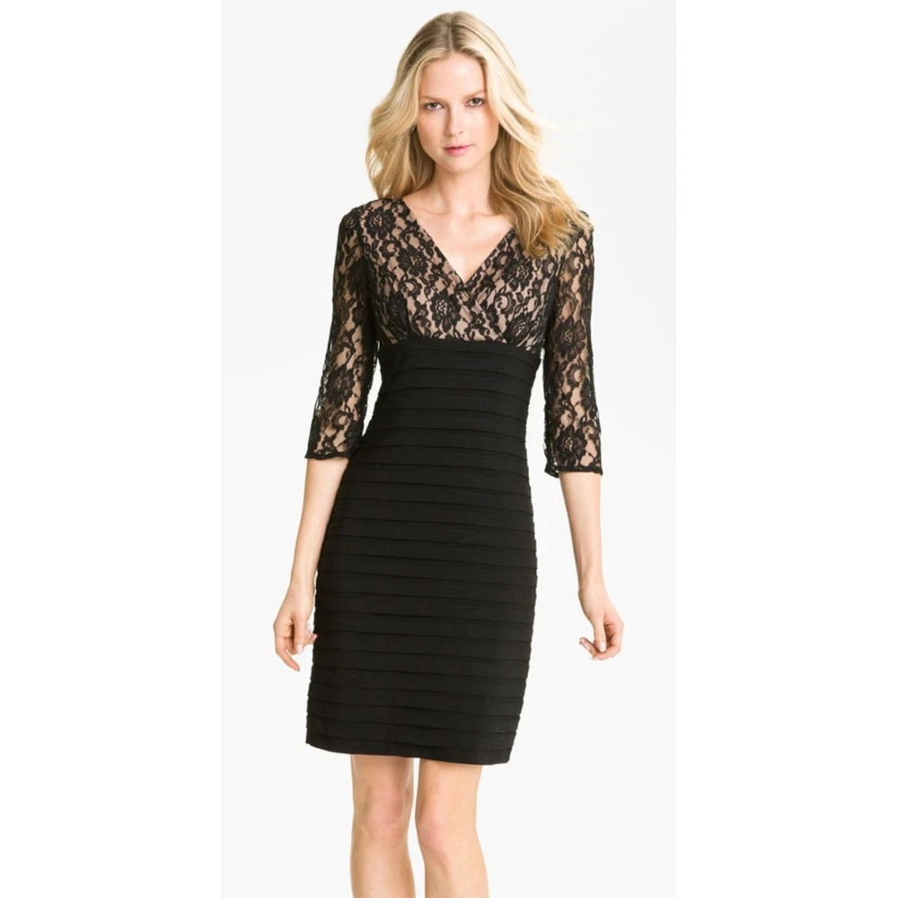 Adrianna Papell Black Pleated Lace VNeck 12 Sheath Cocktail Dress Fairy Y2K Glam